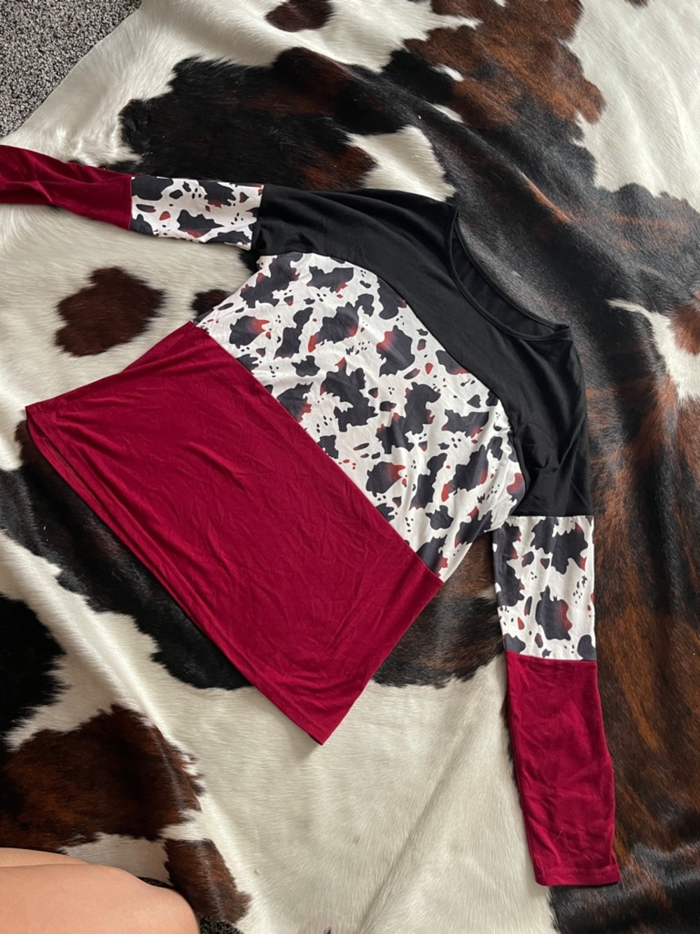 Colorblock Cow Print Long Sleeve Top - Black, White, Burgundy